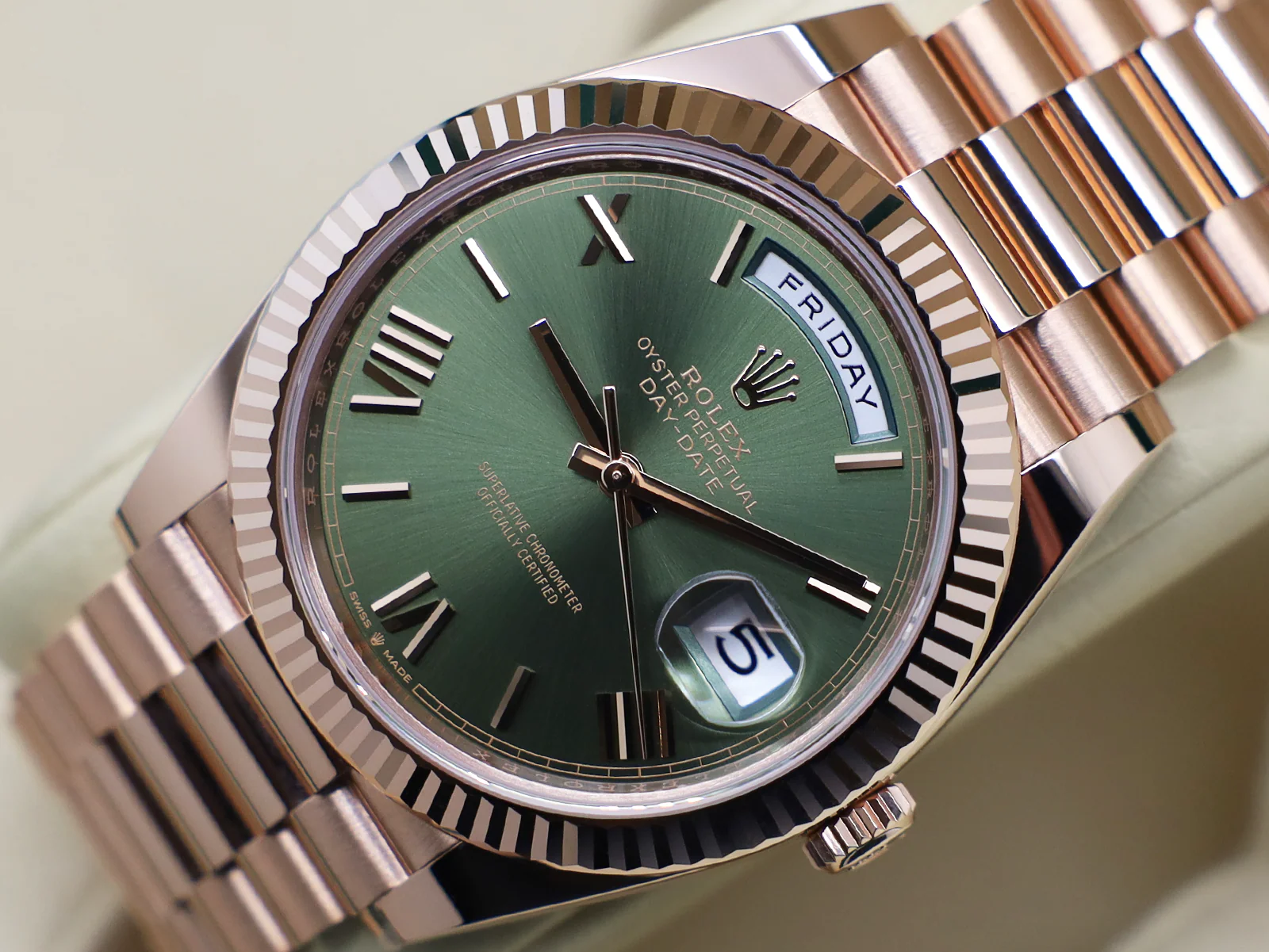 ROLEX DAY-DATE 40mm 18ct ROSE GOLD 228235 OLIVE GREEN ROMAN NUMERAL DIAL WARRANTY 2024 UK B&P - Image 3