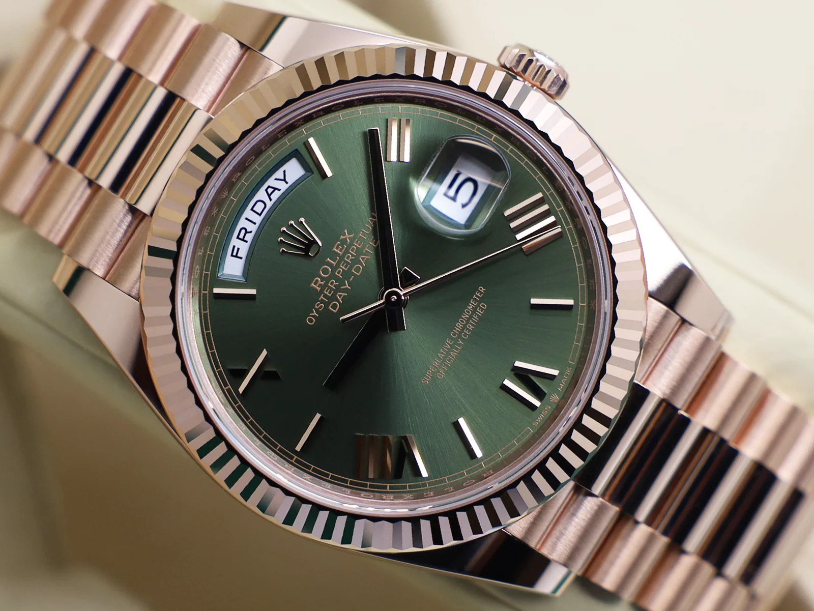 ROLEX DAY-DATE 40mm 18ct ROSE GOLD 228235 OLIVE GREEN ROMAN NUMERAL DIAL WARRANTY 2024 UK B&P - Image 6